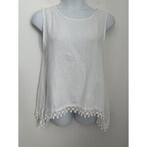 Senzatempo Linen Tank Top Tunic White Crochet Trim Italy Lagonlook Excellent L